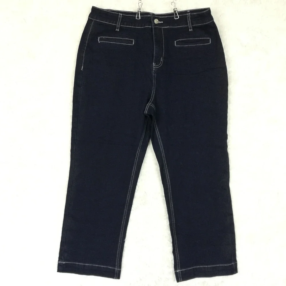 Luvamia Womens Jeans Cropped Blue Denim Dark Wash High Rise XL New